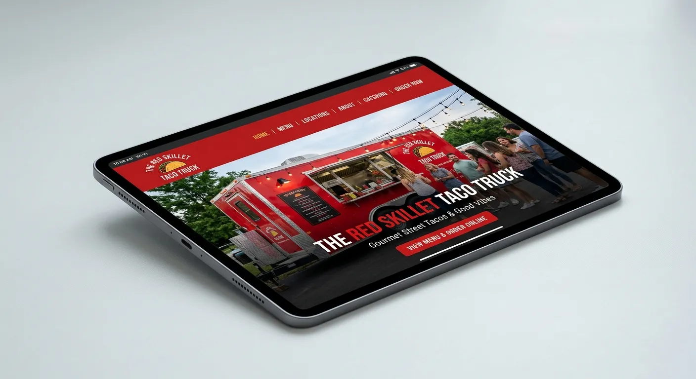 Food truck business website displayed on an iPad tablet